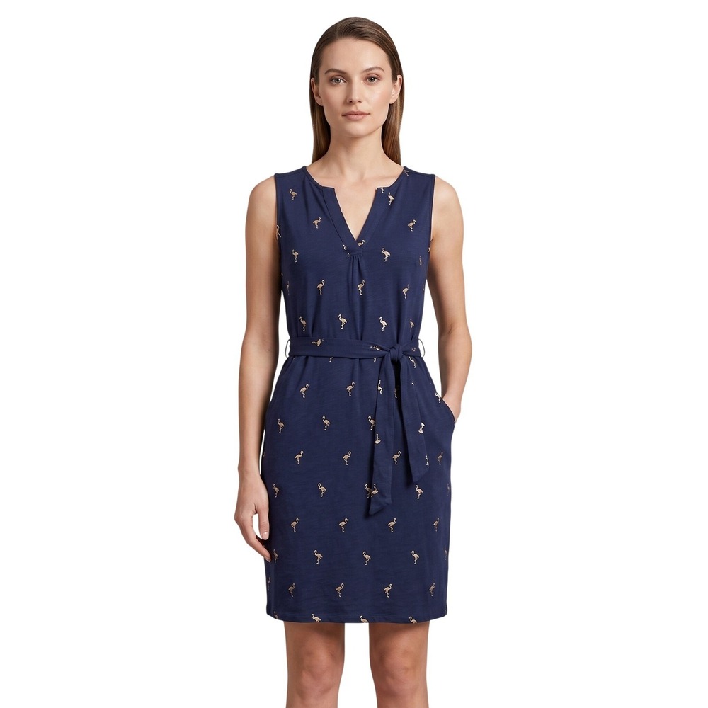 BODEN Vanessa Jersey Dress Navy Blue Cotton Embroidered Flamingo Belted 8 Preppy